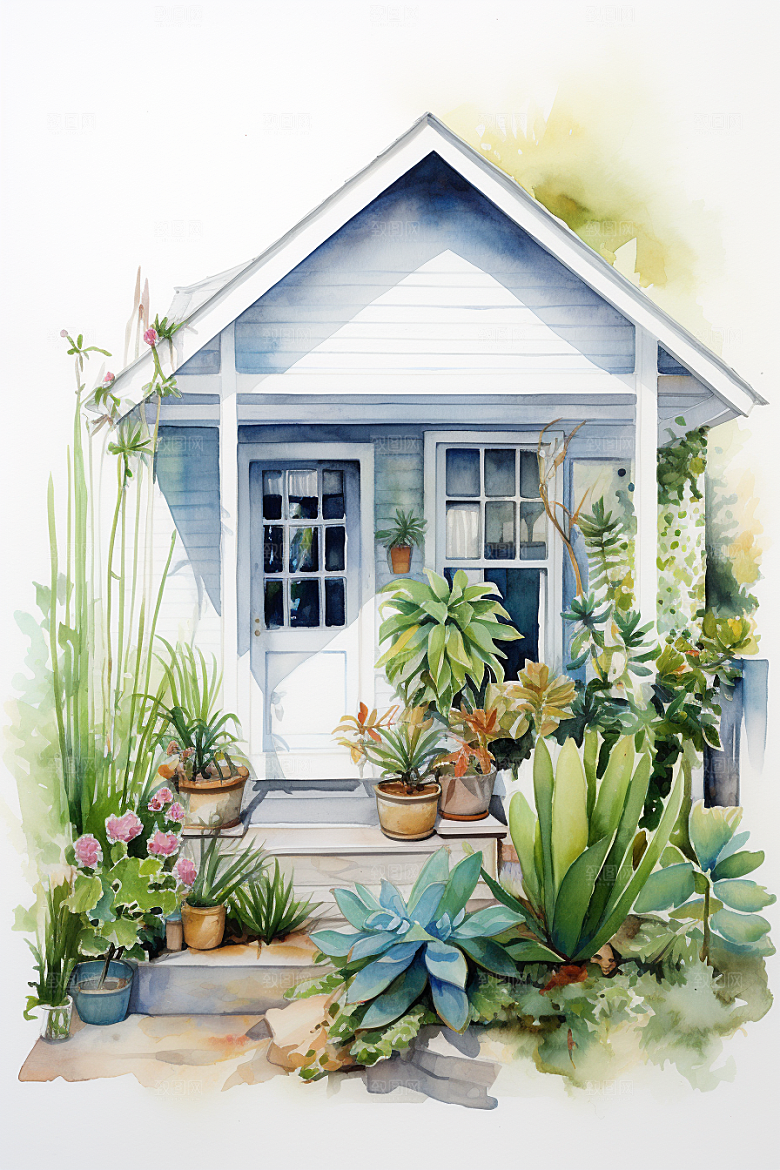 自然小屋唯美绿植水彩插画