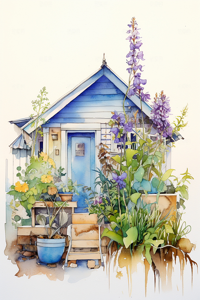 自然小屋绿色绿植水彩插画