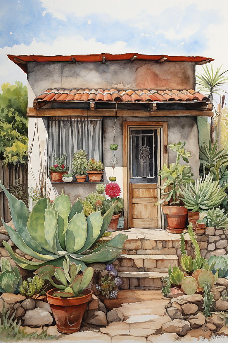 自然小屋小院清新水彩插画