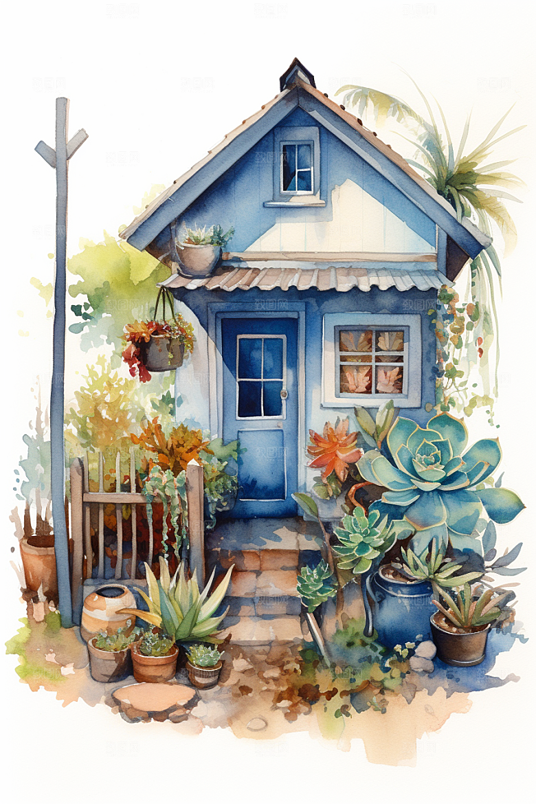 自然小屋高清小院水彩插画