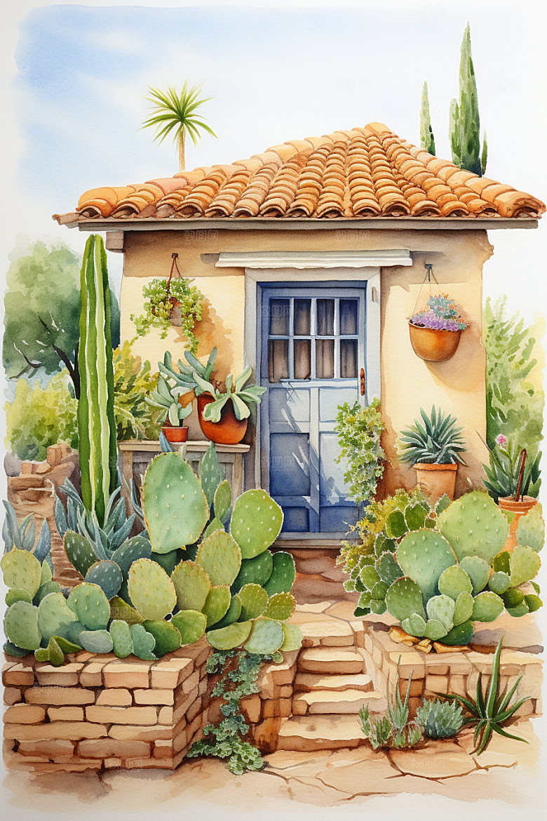 自然小屋花草庭院水彩插画