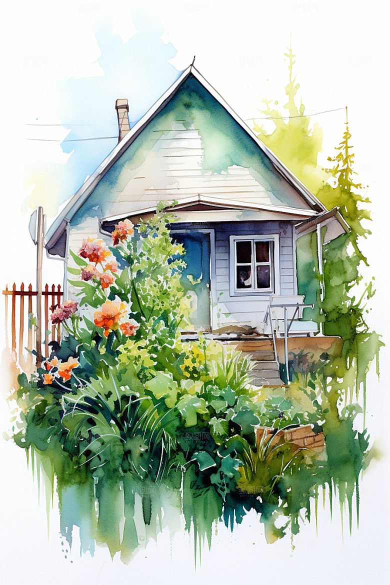 自然小屋花草小院水彩插画