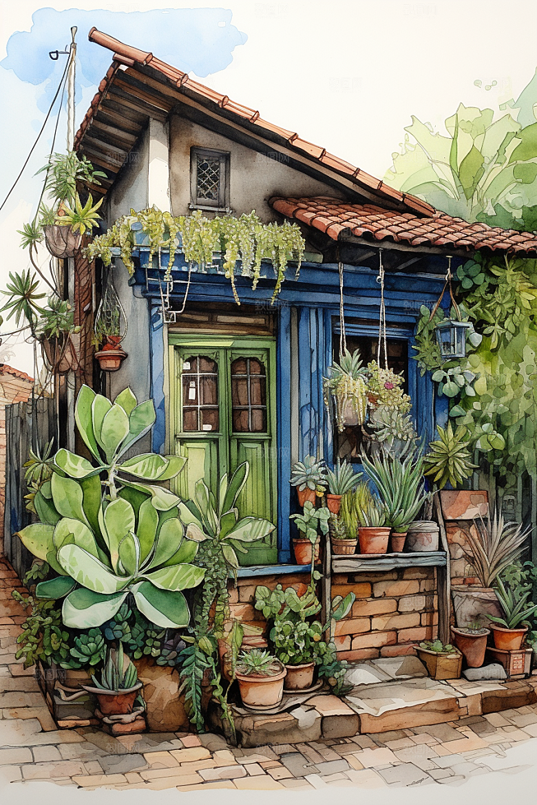 自然小屋小院唯美水彩插画