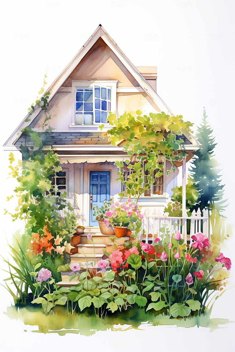 自然小屋庭院绿植水彩插画