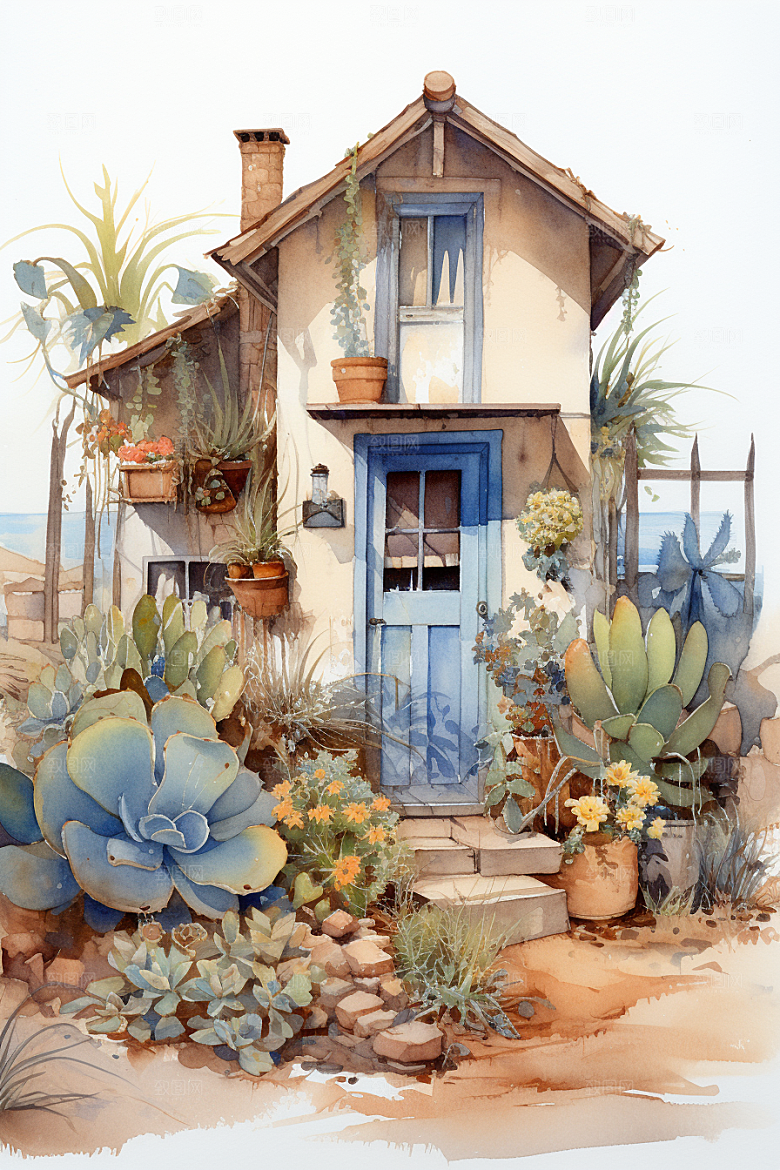 自然小屋高清花草水彩插画