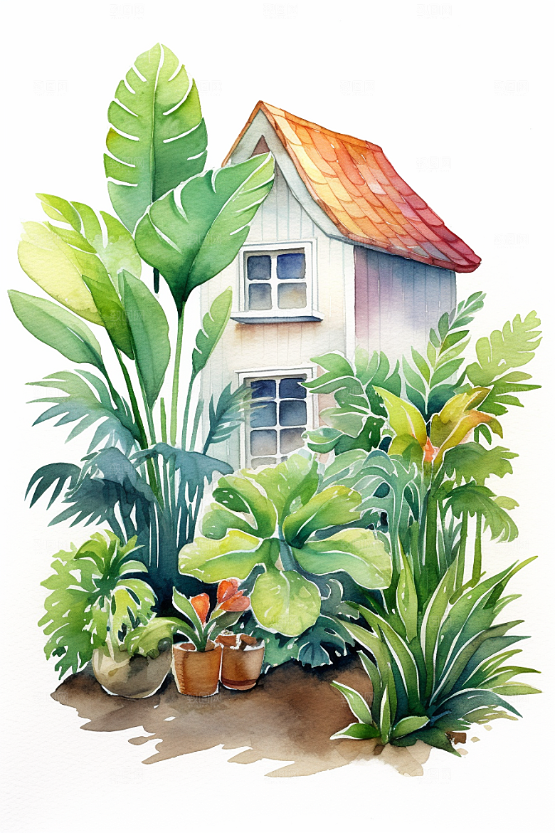 自然小屋绿色清新水彩插画