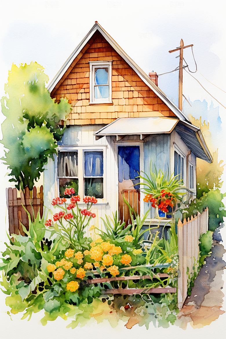 自然小屋绿植别墅水彩插画
