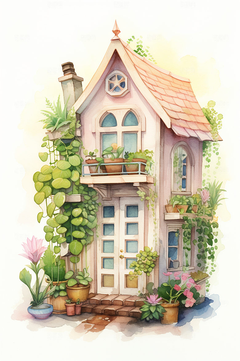 自然小屋庭院唯美水彩插画