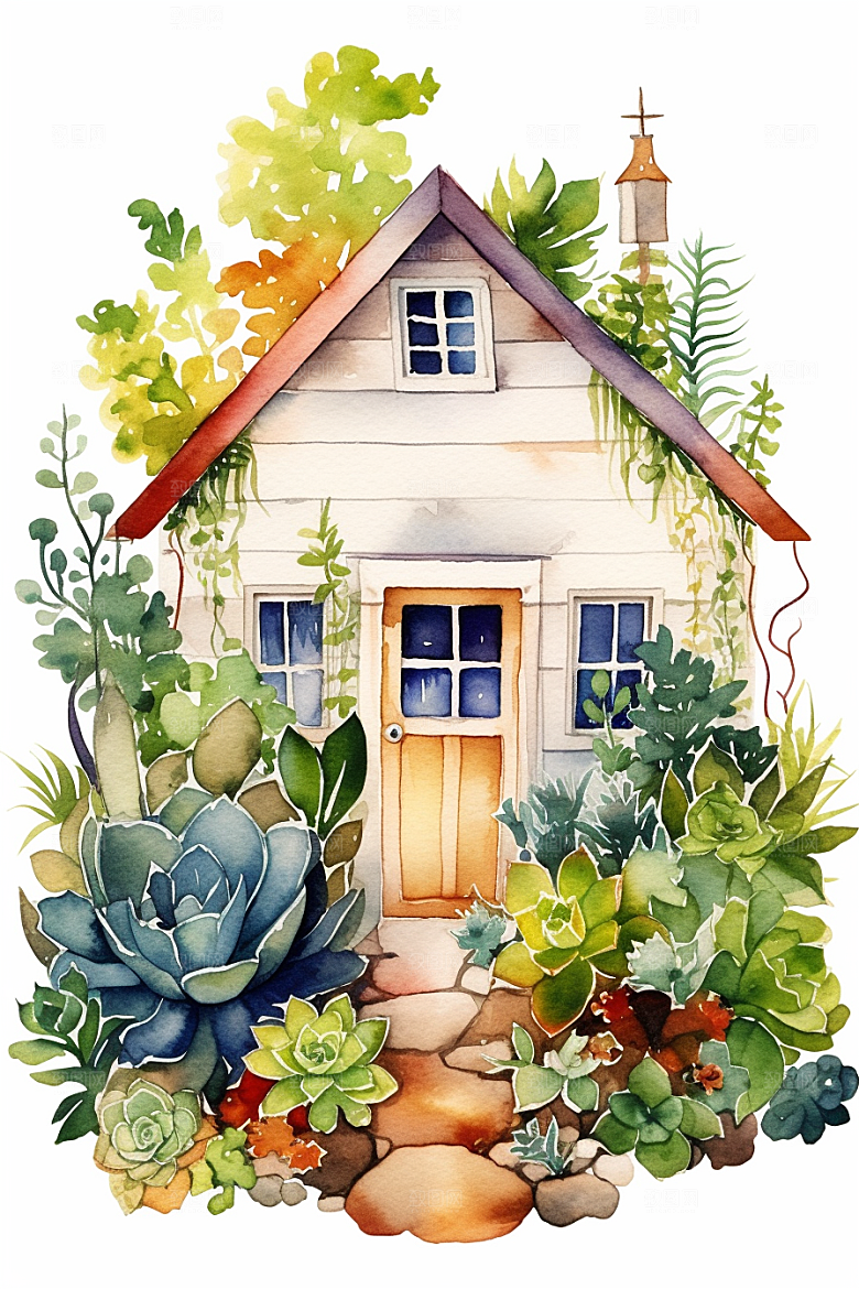 自然小屋清新唯美水彩插画