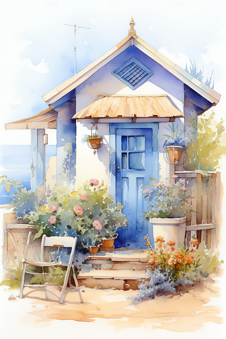 自然小屋小院清新水彩插画