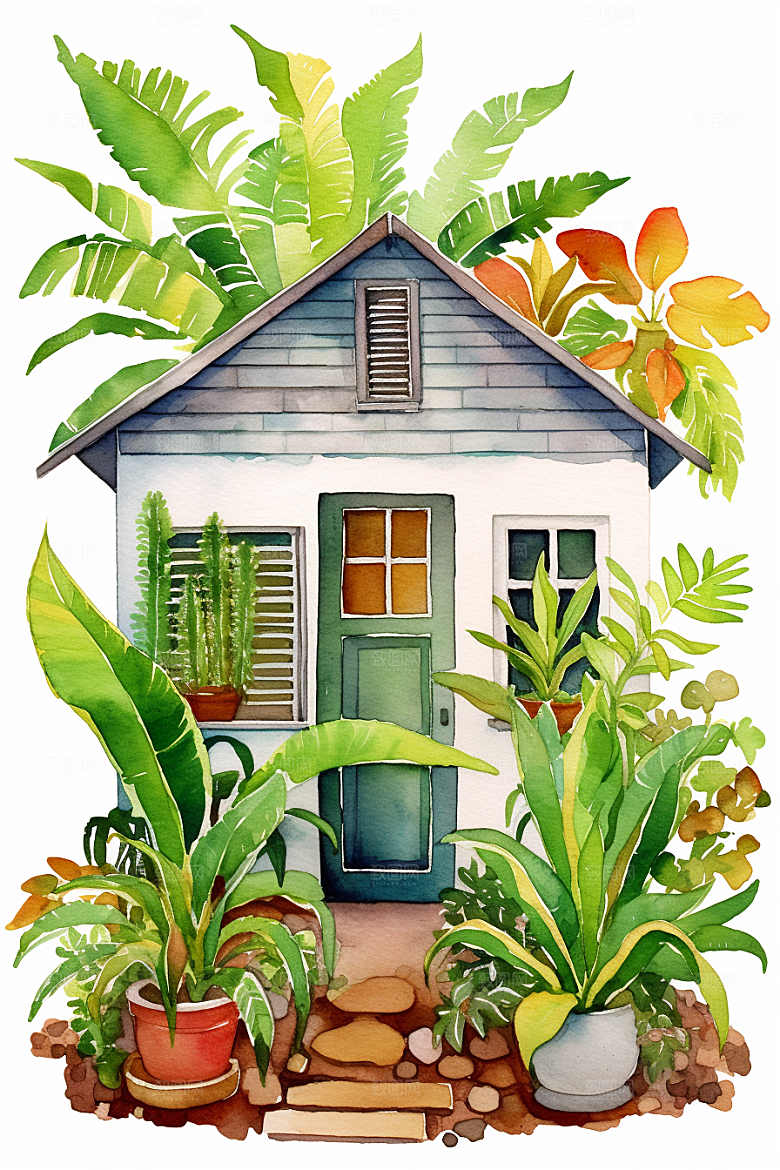 自然小屋庭院手绘水彩插画