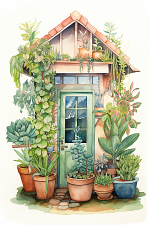 自然小屋绿植植物水彩插画