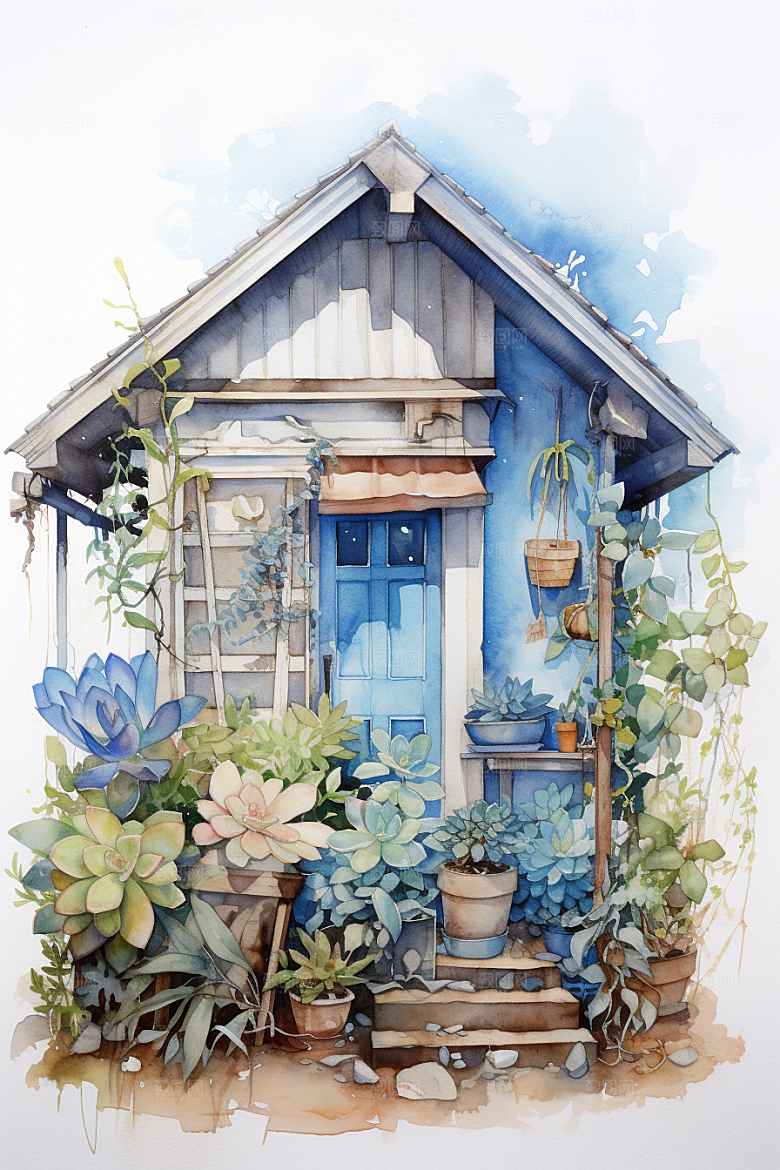 自然小屋清新绿色水彩插画