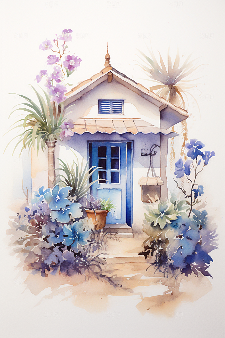 自然小屋植物花草水彩插画