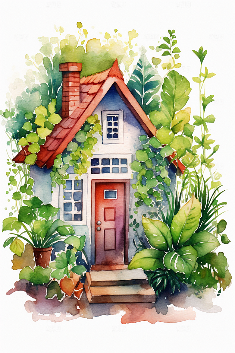 自然小屋绿植绿色水彩插画