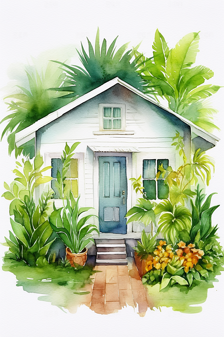 自然小屋植物手绘水彩插画