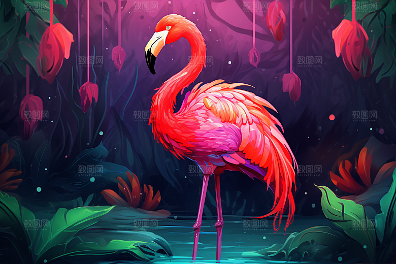INS风火烈鸟自然雨林插画