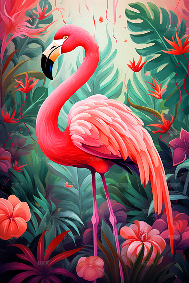 INS风火烈鸟粉色彩色插画