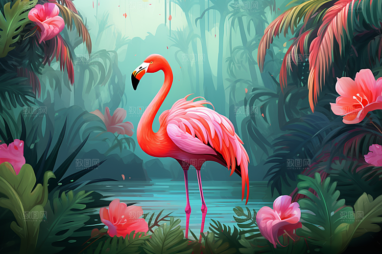 INS风火烈鸟寓意爱情彩色插画
