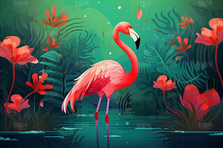INS风火烈鸟寓意爱情彩色插画