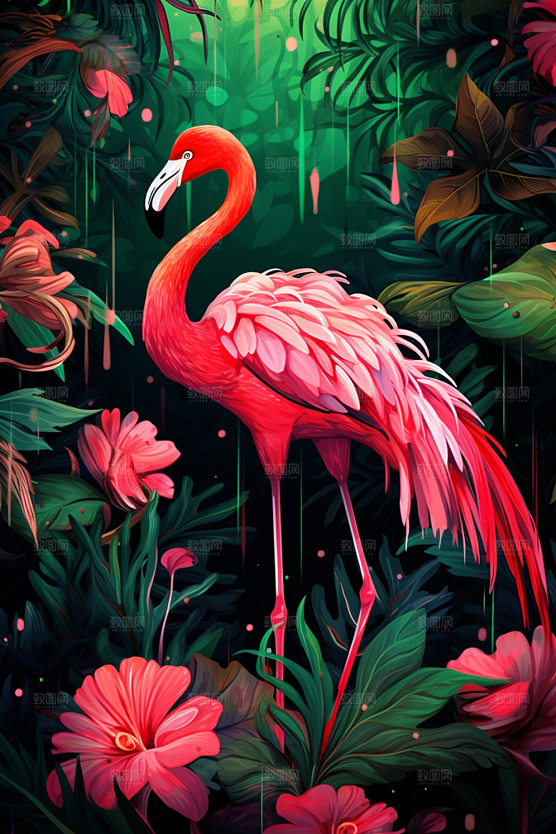 INS风火烈鸟雨林高清插画