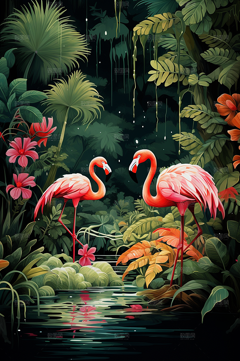 INS风火烈鸟彩色寓意爱情插画