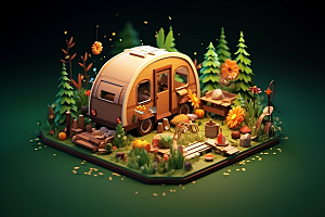 露营帐篷森林春日模型