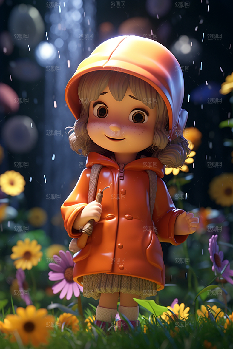 户外赏花小女孩花季郊游模型