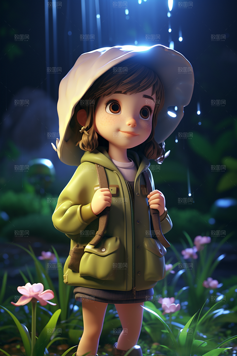 户外赏花小女孩人物3D模型