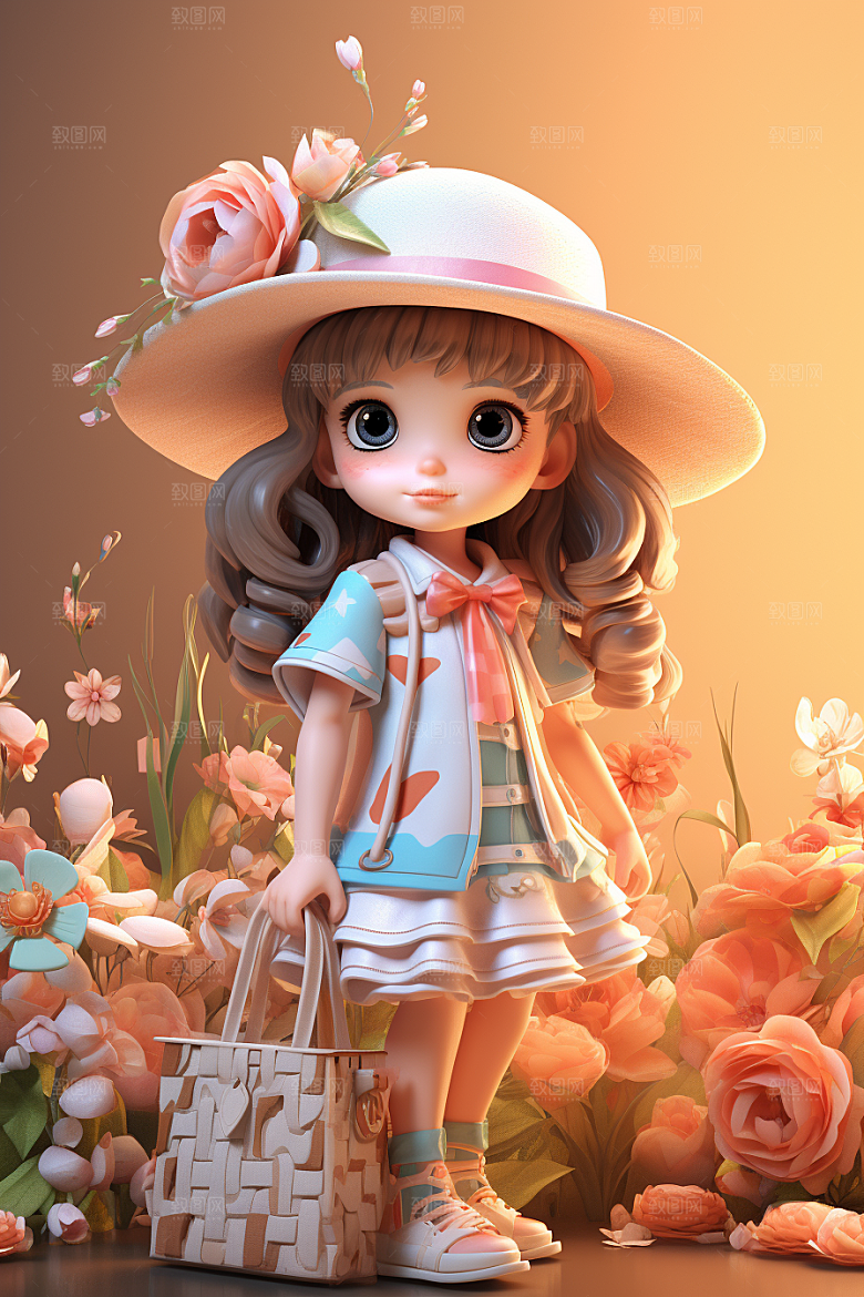 户外赏花小女孩踏青IP模型