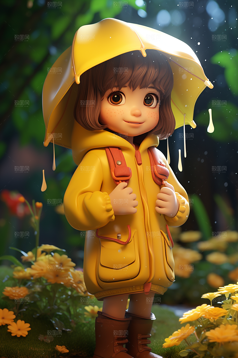 户外赏花小女孩郊游踏青模型