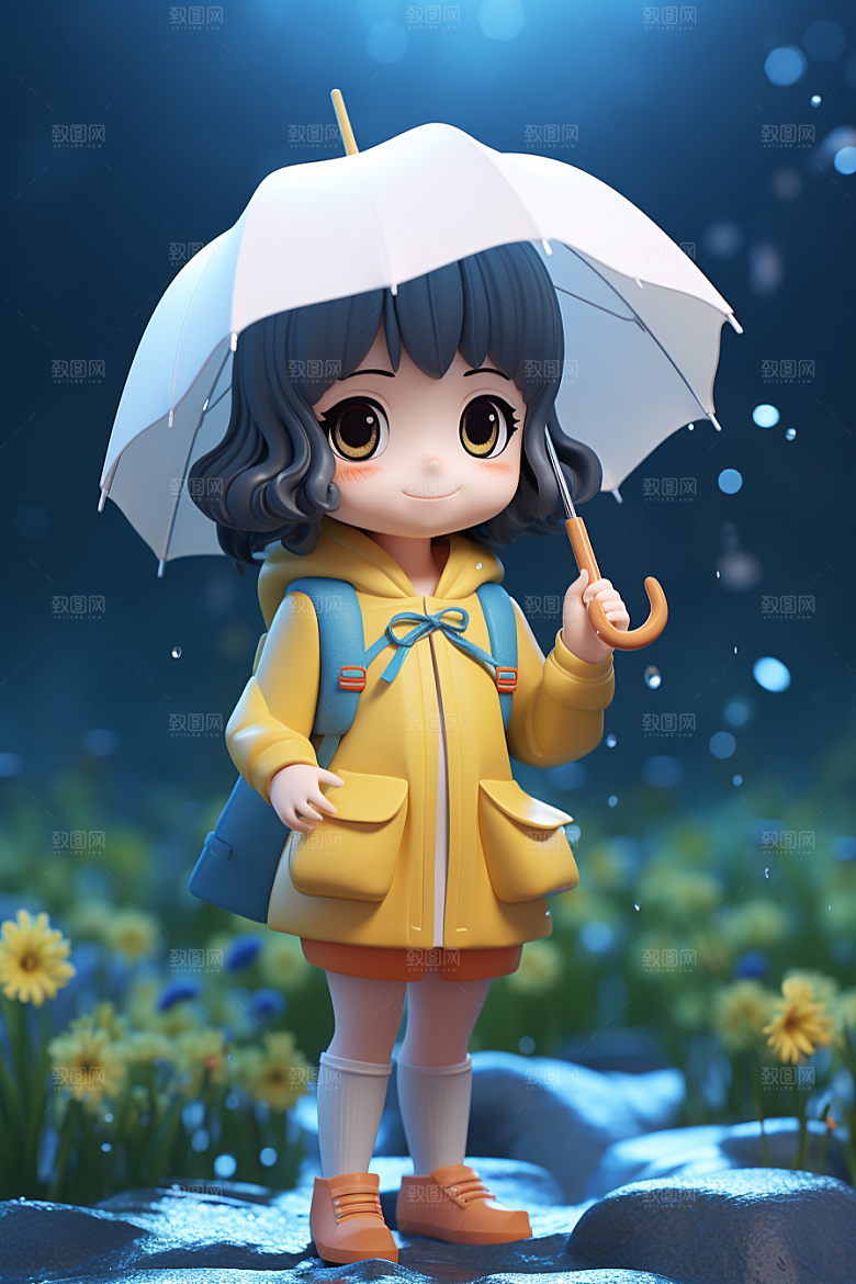 户外赏花小女孩可爱郊游模型