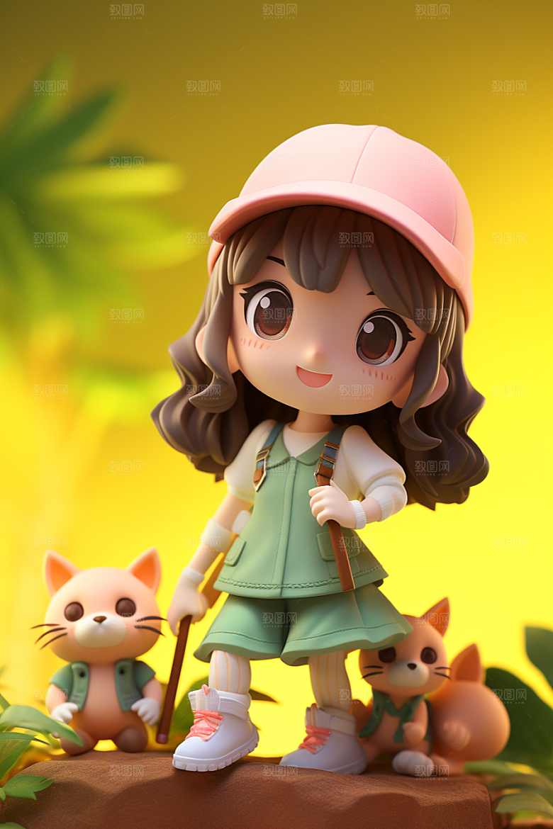 户外赏花小女孩花季郊游模型