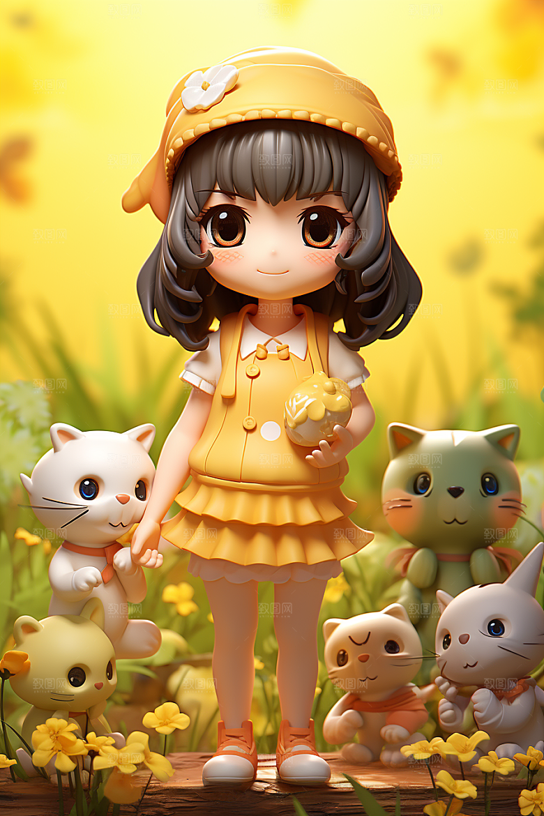 户外赏花小女孩3D唯美模型