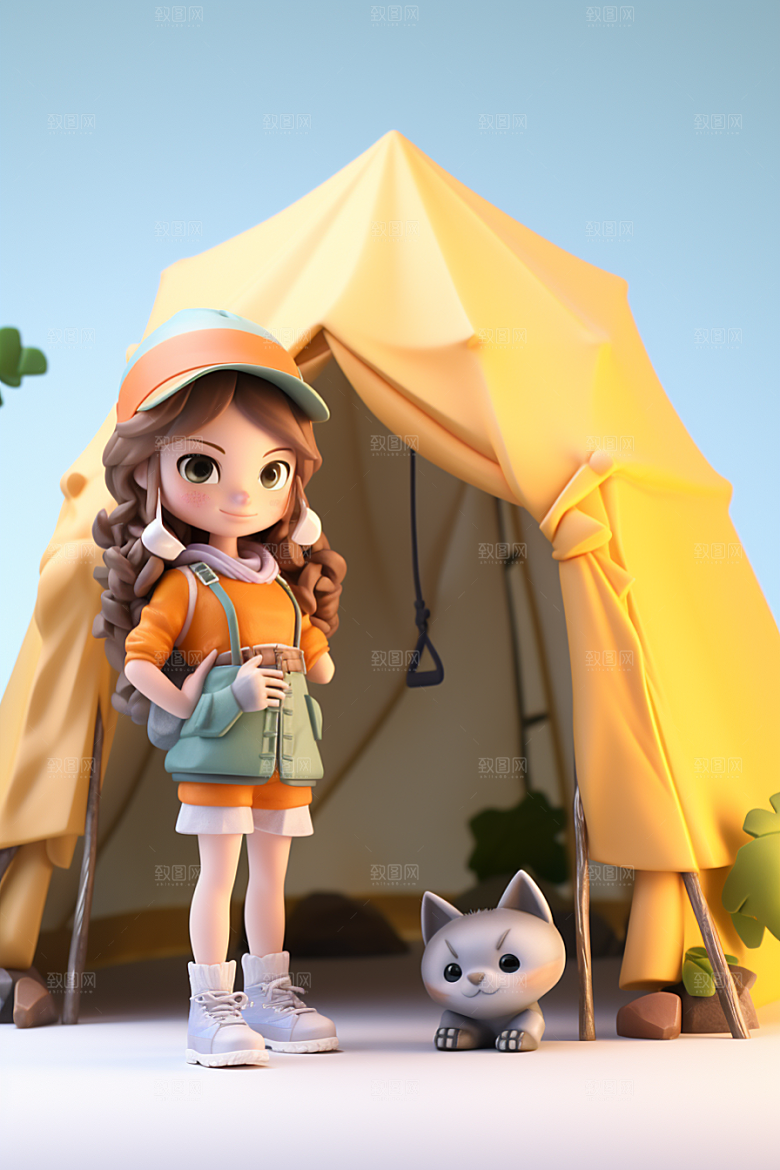 户外赏花小女孩春季郊游模型