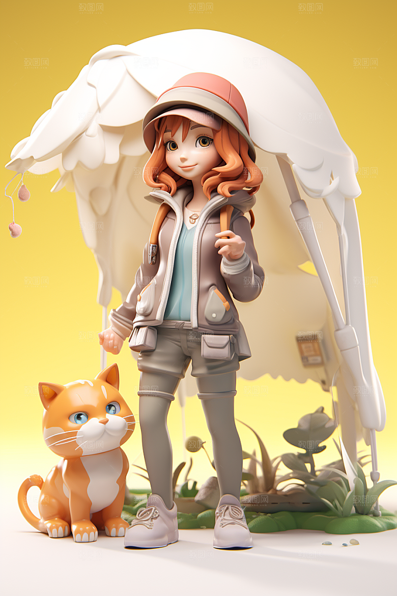 户外赏花小女孩3D可爱模型