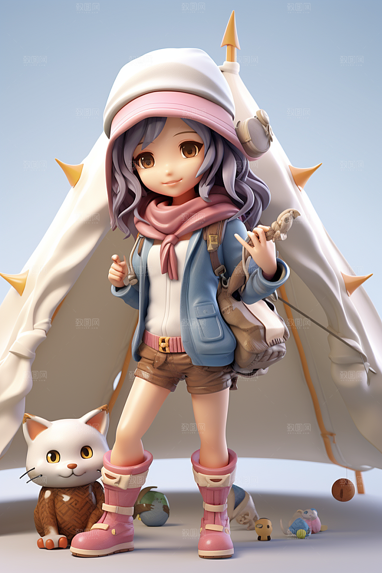 户外赏花小女孩3D立体模型