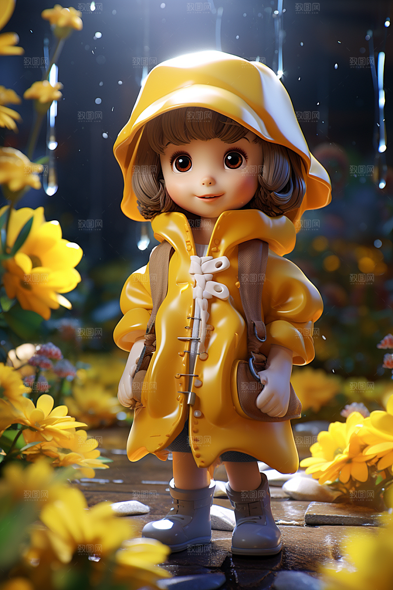 户外赏花小女孩春天立体模型