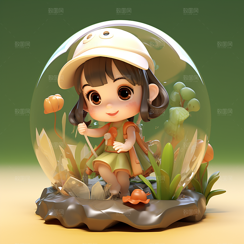 户外赏花小女孩郊游踏青模型