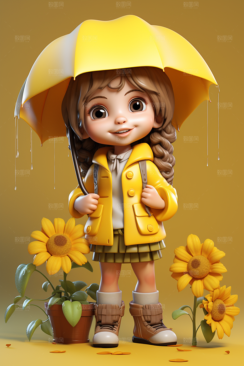 户外赏花小女孩春季踏青模型
