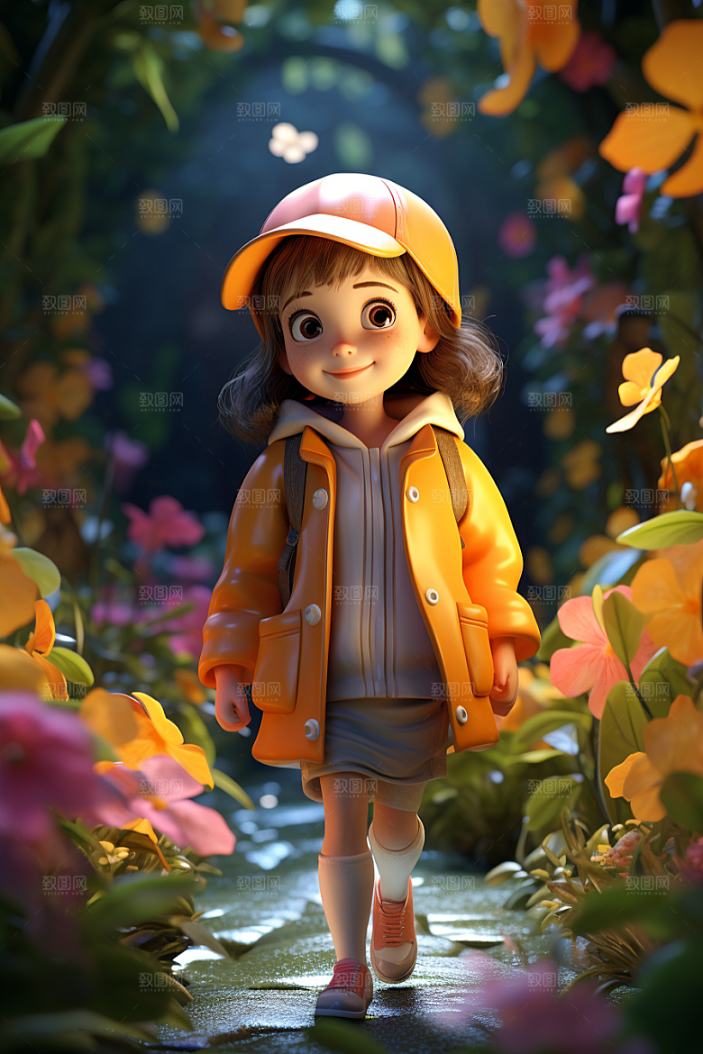 户外赏花小女孩可爱春天模型