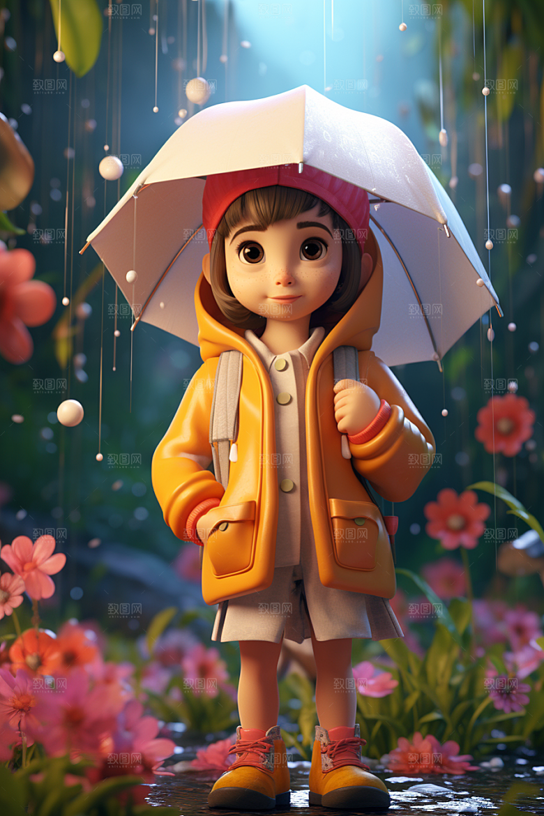 户外赏花小女孩春天3D模型