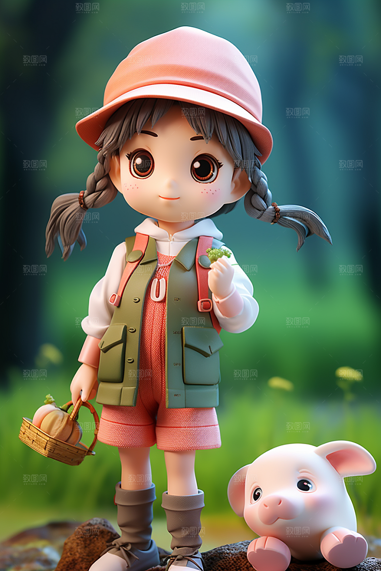 户外赏花小女孩小清新踏青模型