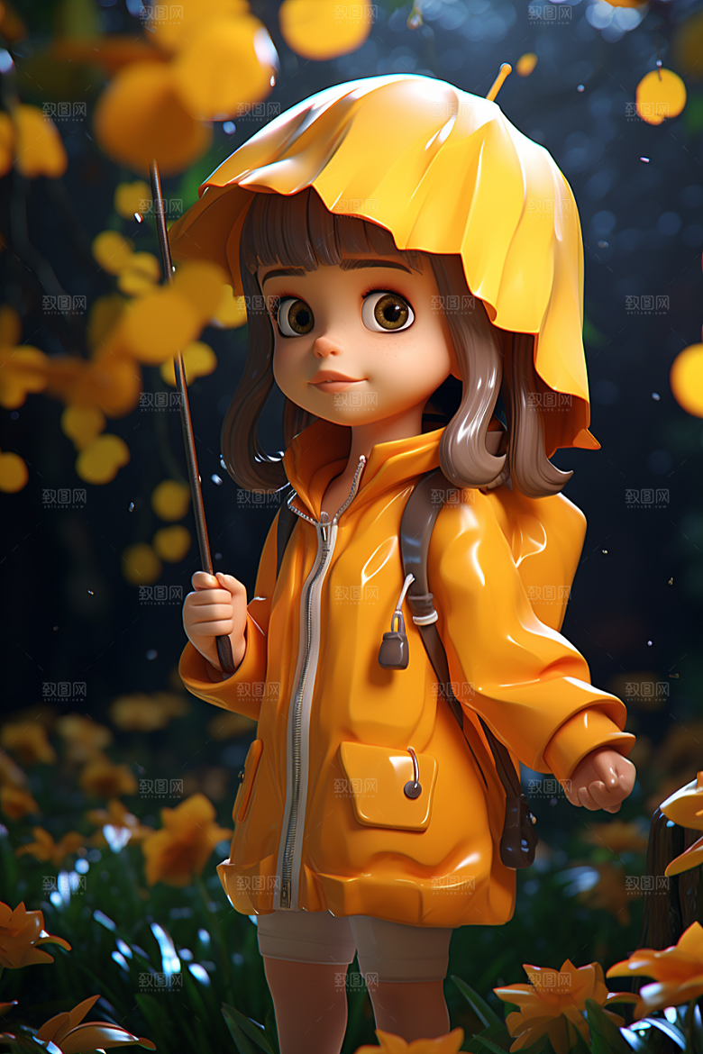 户外赏花小女孩立体花季模型