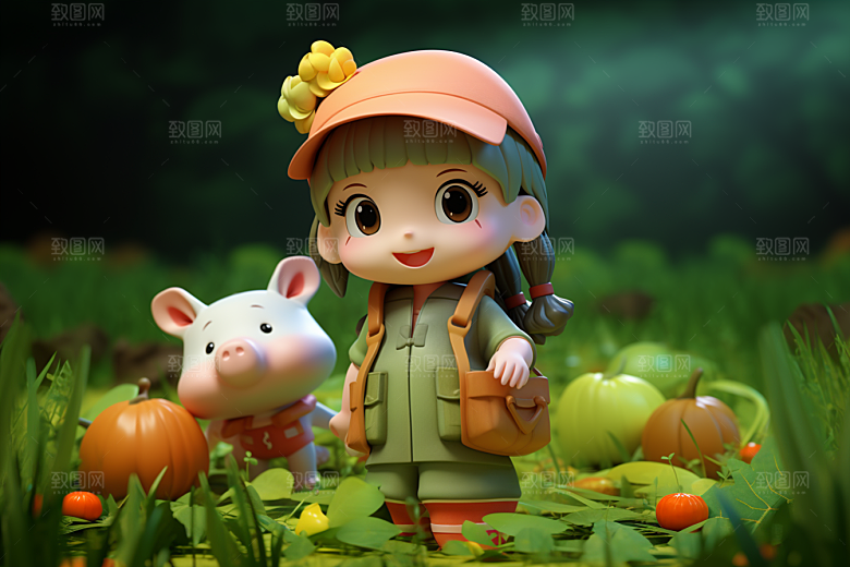 户外赏花小女孩郊游IP模型