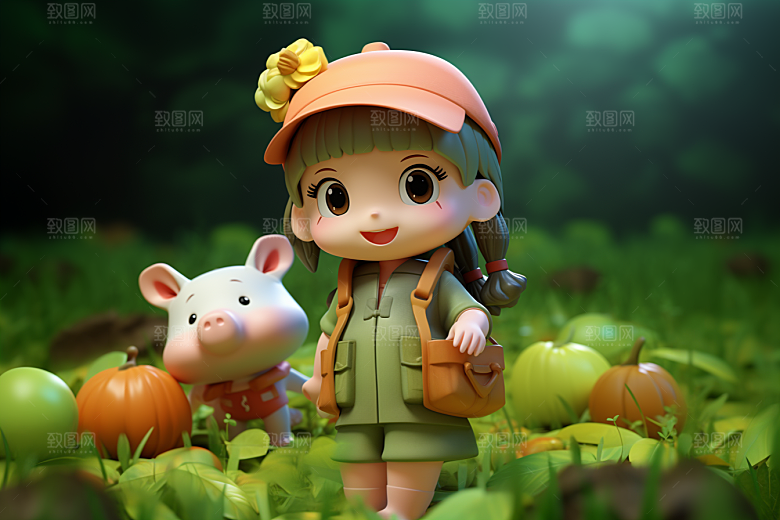 户外赏花小女孩唯美人物模型