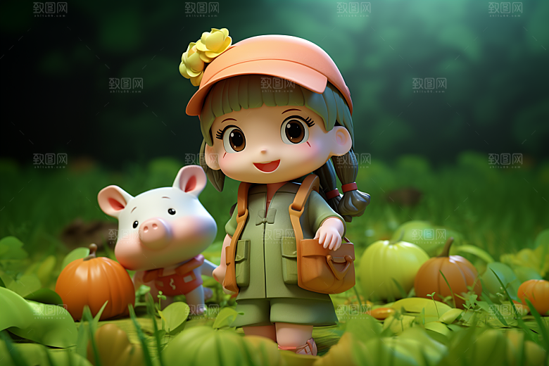 户外赏花小女孩花季IP模型