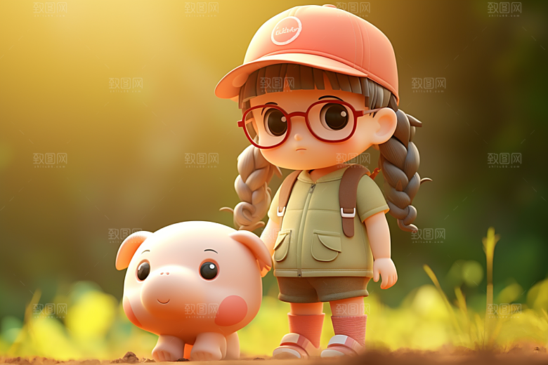 户外赏花小女孩立体小清新模型
