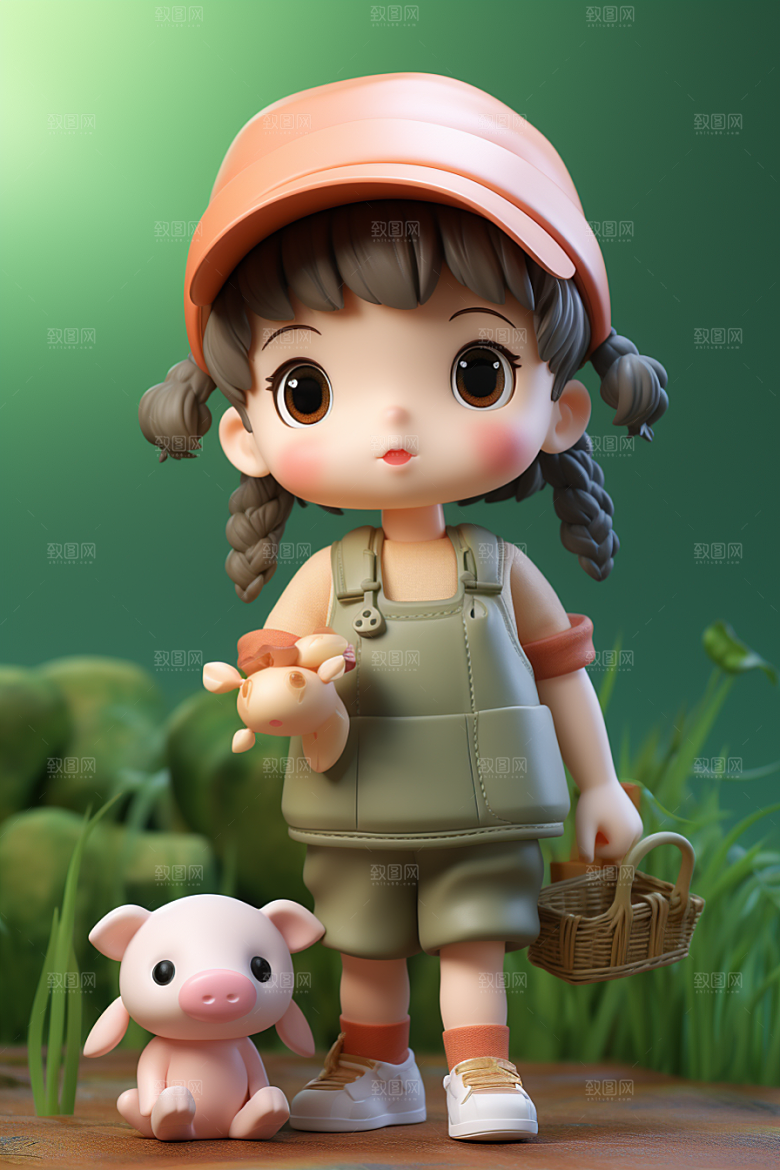 户外赏花小女孩春天小清新模型