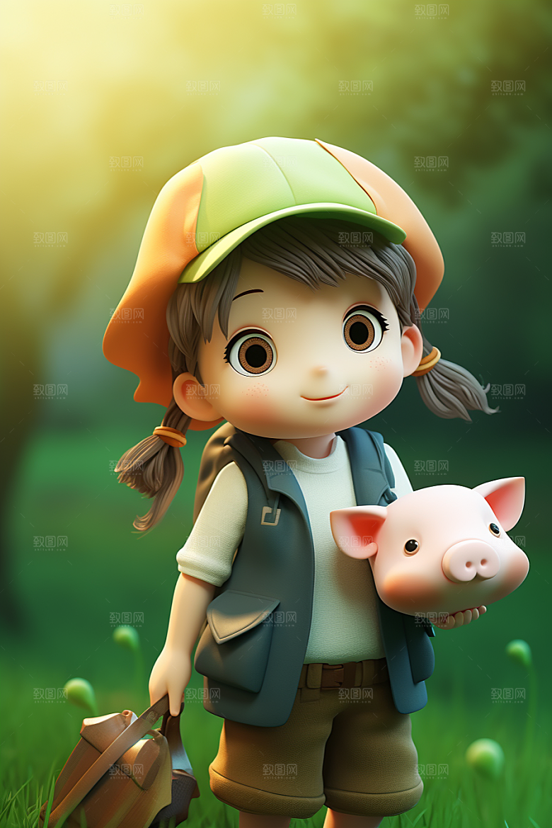 户外赏花小女孩春季IP模型